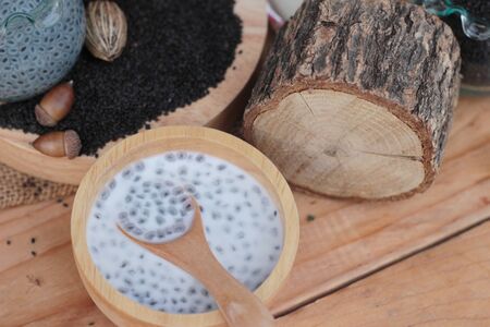 Basil seeds for fiber beverage with milkの写真素材