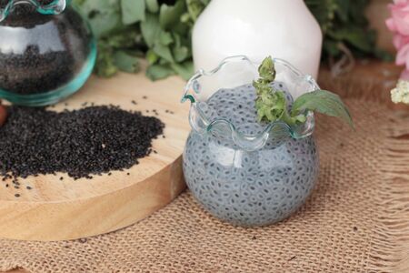 Basil seeds for fiber beverage with milkの写真素材