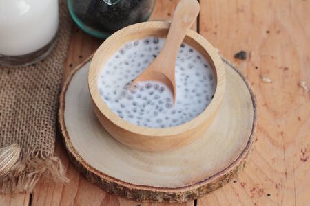 Basil seeds for fiber beverage with milkの写真素材