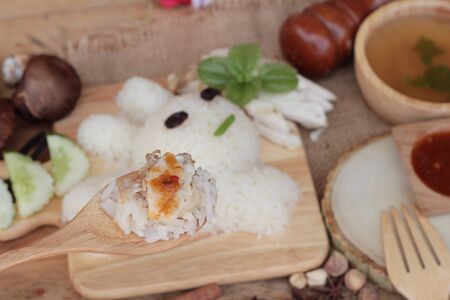 Rice steamed with chicken and soup deliciousの写真素材