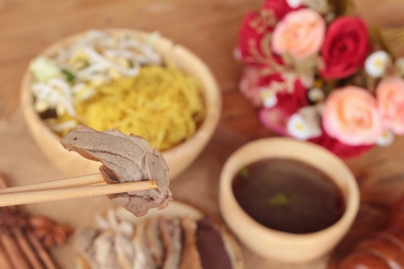Duck noodle with vegetable and soup deliciousの写真素材