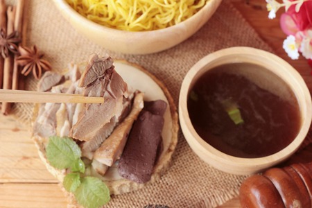 Duck noodle with vegetable and soup deliciousの写真素材