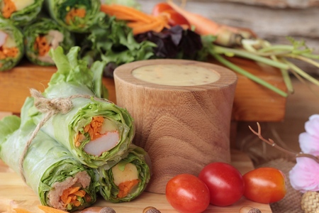 Salad roll vegetables with salad dressing deliciousの写真素材