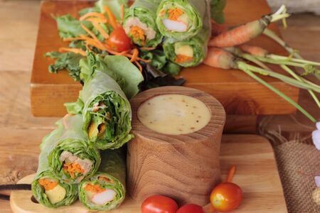 Salad roll vegetables with salad dressing deliciousの写真素材