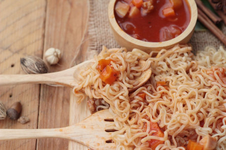 Chicken noodle with sauce tomato is deliciousの写真素材