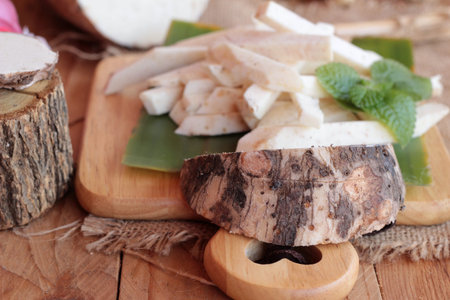 Fresh taro and taro sliced for cooking
