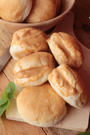 bread with custard delicious on wood background