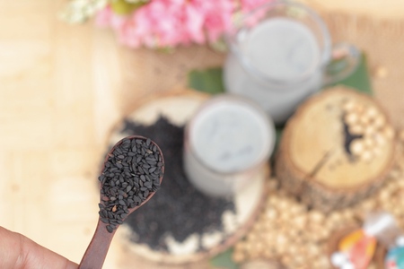 Soy bean milk mix black sesame deliciousの写真素材