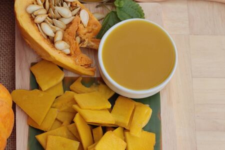 Pumpkin juice tasty and  fresh pumpkin slicedの写真素材