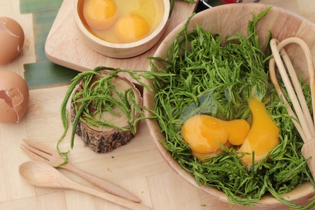 Egg and vegetables acacia pennata for omelet cookingの写真素材