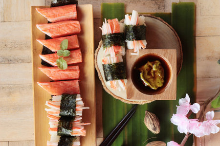 Sushi crab stick with wasabi and sauceの写真素材
