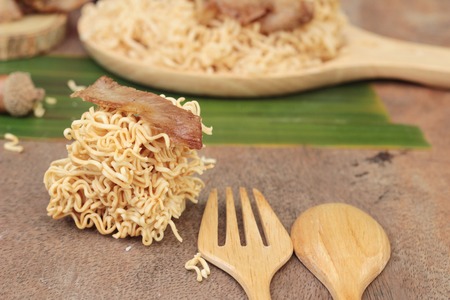 Instant noodles at blanched with baked pork deliciousの写真素材