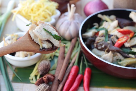 Stir fried chicken, ginger and fresh ginger slicedの写真素材