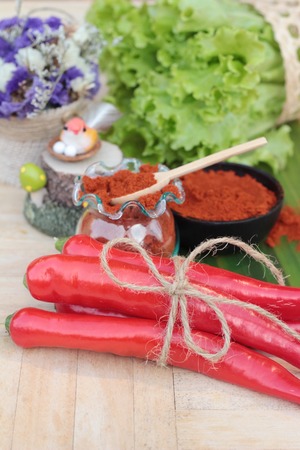 Spicy paprika powder hot peppers and fresh chiliの写真素材