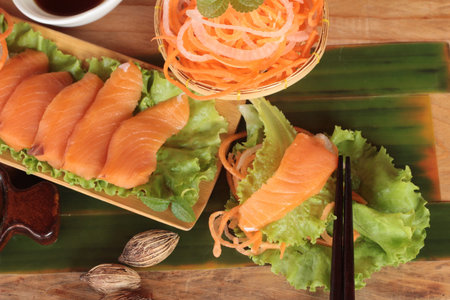 Salmon raw sashimi with wasabi , Japanese food style