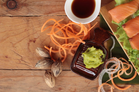Salmon raw sashimi with wasabi , Japanese food style
