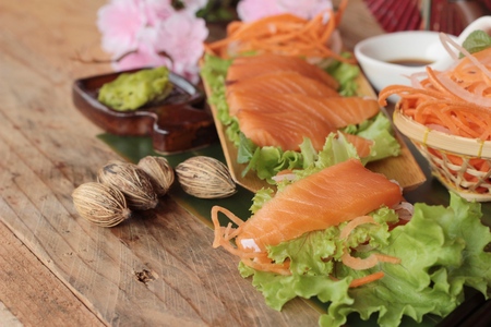 Salmon raw sashimi with wasabi , Japanese food styleの写真素材