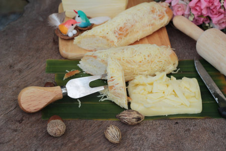 Baked bread sprinkle mozarella cheese is deliciousの写真素材