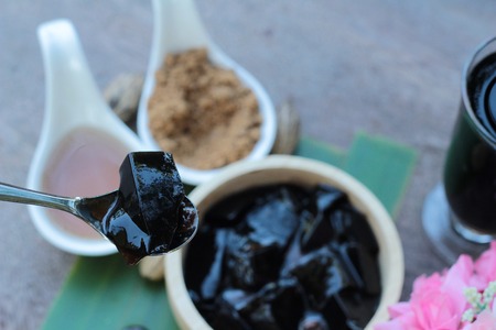 Grass Jelly with syrup and drink is deliciousの写真素材