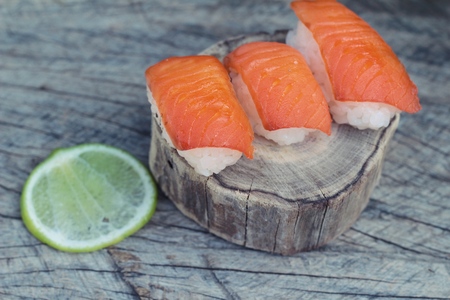 Salmon sushi is delicious, traditional japanese food.の写真素材