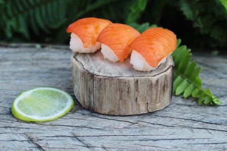 Salmon sushi is delicious, traditional japanese food.の写真素材