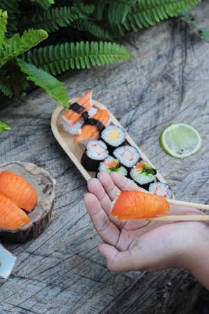 Mixed roll sushi set is delicious, Japanese food.の写真素材