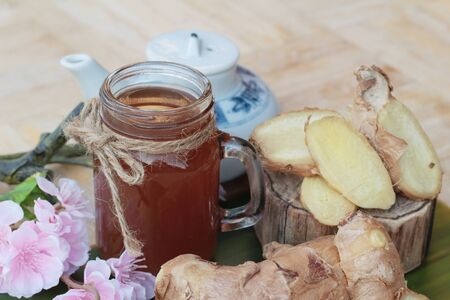 Ginger tea with fresh ginger sliced deliciousの写真素材