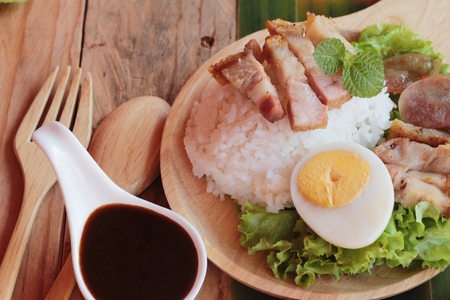 Crispy pork rice with gravy is deliciousの写真素材