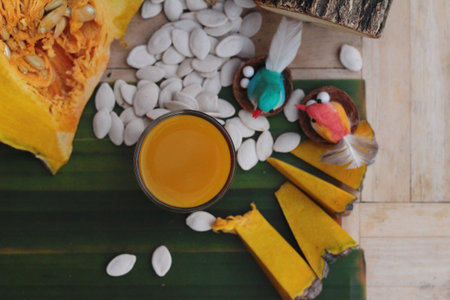 Fresh pumpkin smoothie in glass is deliciousの写真素材