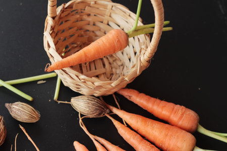 Fresh organic carrots on a black backgroundの写真素材