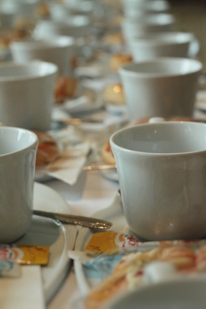 coffee break in row prepare coffee set with breadの写真素材