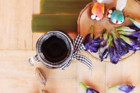 Butterfly pea tea and fresh anchan flowersの写真素材