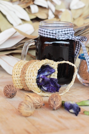 Butterfly pea tea and fresh anchan flowersの写真素材