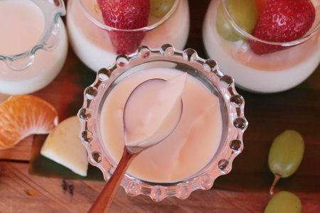 Fresh milk pudding with mix fruit tastyの写真素材