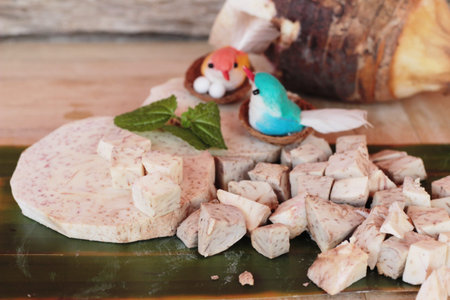 Taro root and taro cut small piecesの写真素材