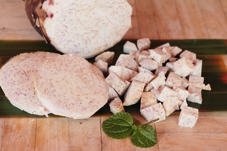 Taro root and taro cut small piecesの写真素材