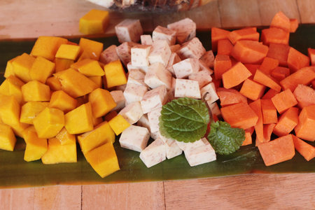 Pumpkin, Taro, Carrot cut for cookingの写真素材