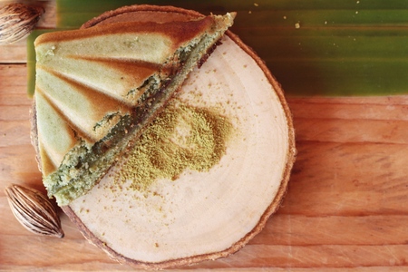 Green tea cake sandwich and green tea powderの写真素材