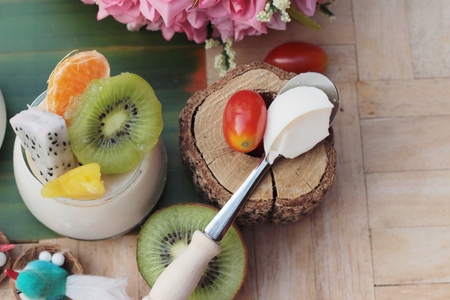Fresh milk pudding with mix fruit tastyの写真素材