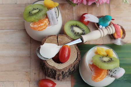 Fresh milk pudding with mix fruit tastyの写真素材