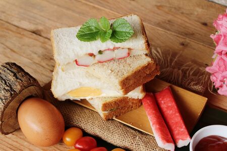 Club sandwich with sauce tomato is deliciousの写真素材