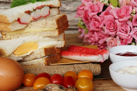 Club sandwich with sauce tomato is deliciousの写真素材