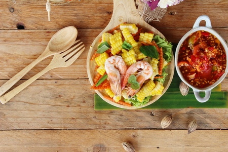 Spicy corn salad with shrimp is deliciousの写真素材