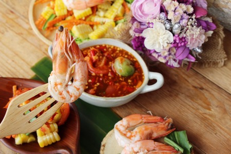 Spicy corn salad with shrimp is deliciousの写真素材
