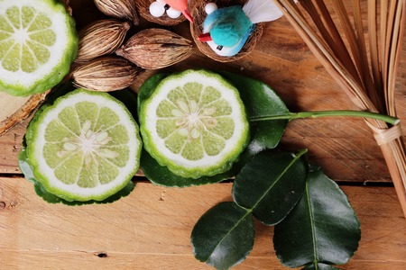 Fresh organic bergamot herb and lime leafの写真素材