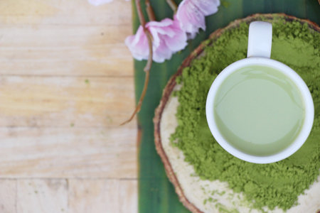 Hot green tea and matcha tea powder