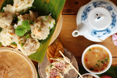 Chinese steamed dumpling with sauce is deliciousの写真素材