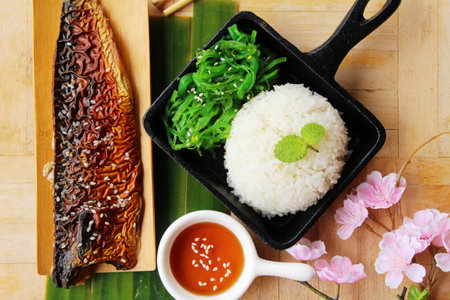 Saba fish rice with sauce and seaweed