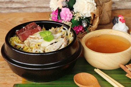 Chicken noodle with vegetable and soup deliciousの写真素材