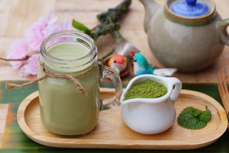 Green tea with milk and matcha tea powder